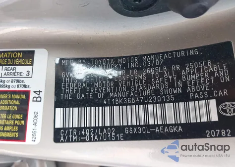 2007 Toyota Avalon Xls from USA, damaged, VIN 4T1BK36B47U230135